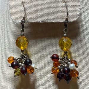 Beaded Cluster Earrings - Silver Head Pins; Brown, Gold, Copper, Citrine Tones